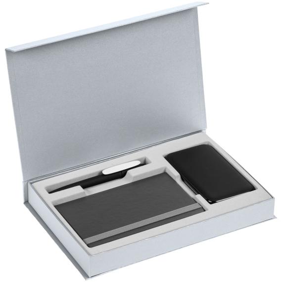 Коробка Silk с ложементом под ежедневник, аккумулятор и ручку, серебристая